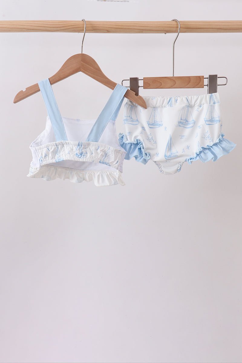 Blue Sailboat Smocked 2PC Swimsuit - Abbies Place