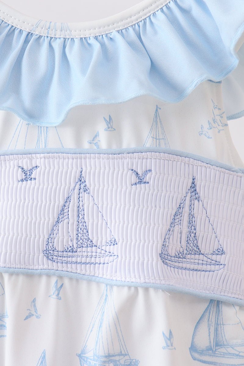 Blue Sailboat Smocked One-Piece Swimsuit - Abbies Place
