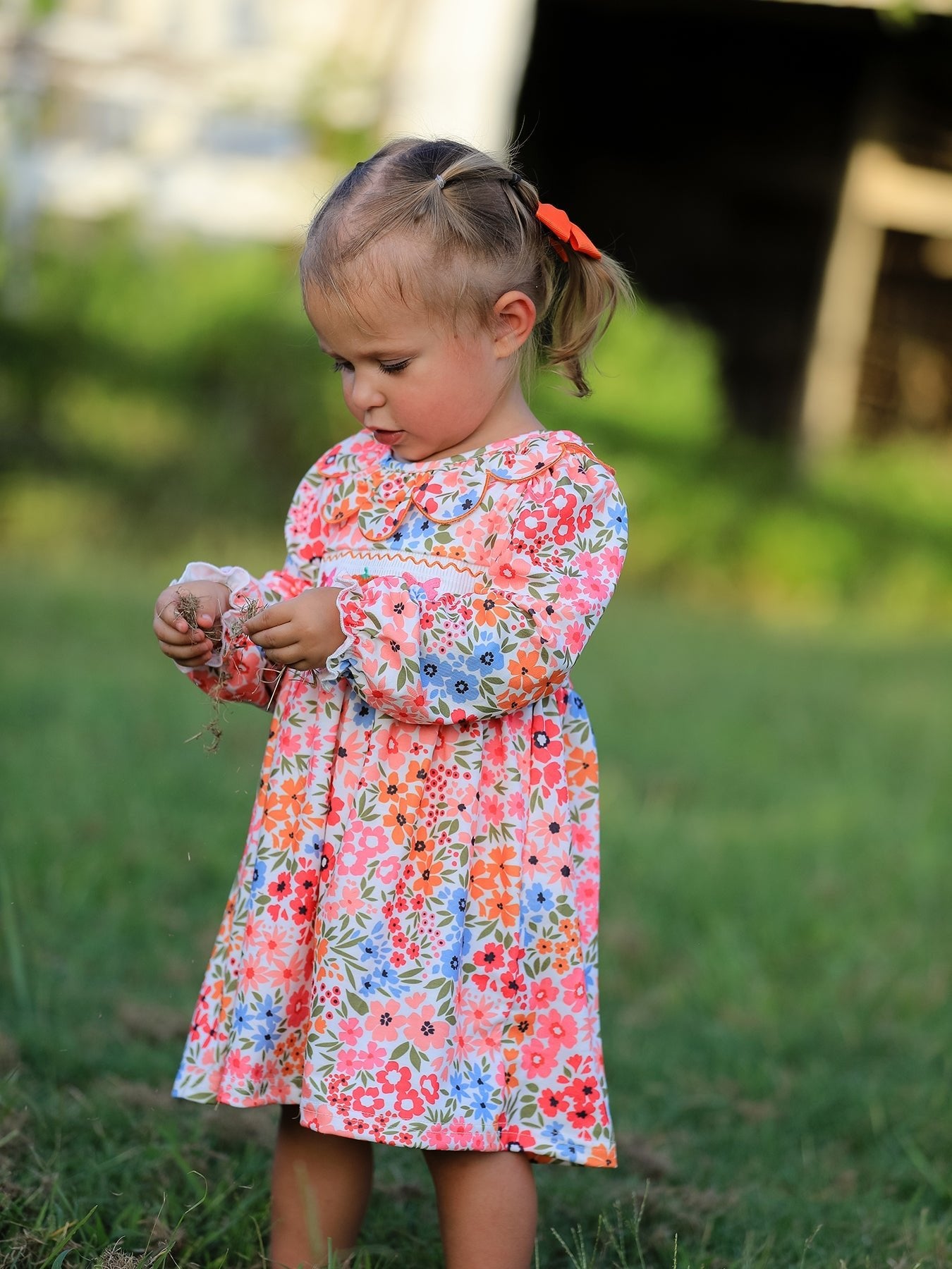 Fall Halloween & Thanksgiving Pumpkin Bow Smock Embroidered Floral Dress - Abbies Place