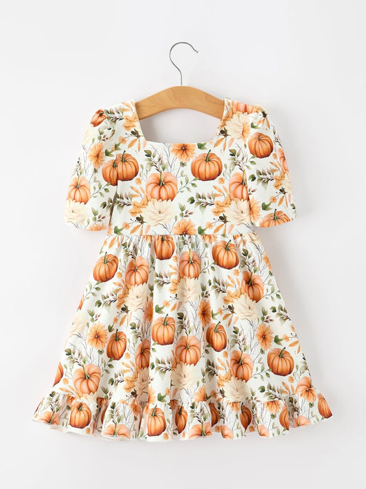 Fall Pumpkin Floral Girls Ruffle Hem Dress - Abbies Place