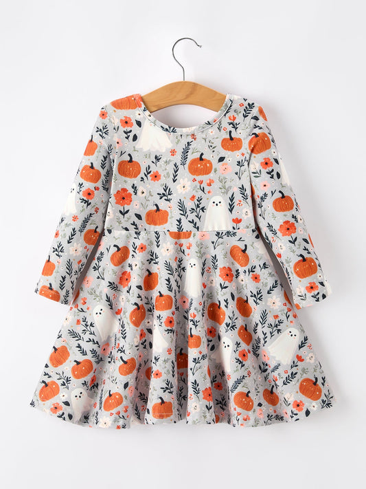 Halloween Pumpkin Ghost Girls Dress Long Sleeve Twirl Dress - Abbies Place