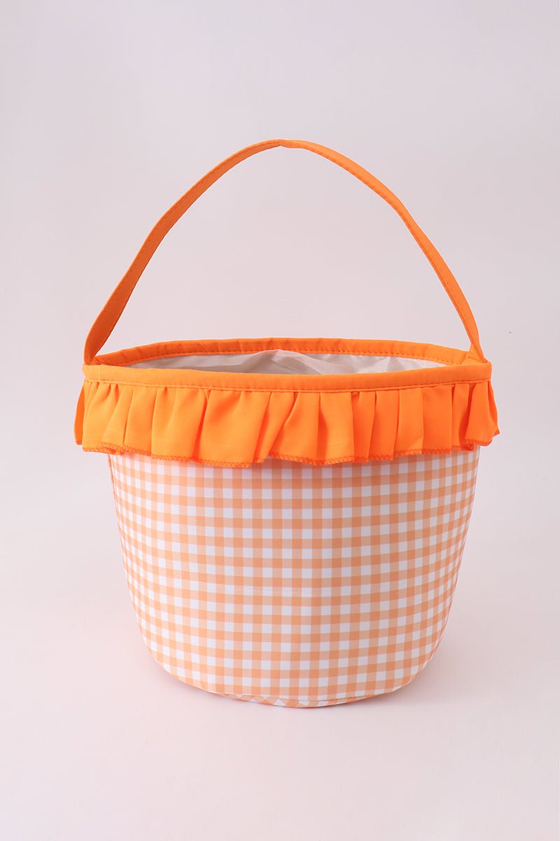 Orange Pumpkin Applique Gingham Ruffle Basket - Abbies Place
