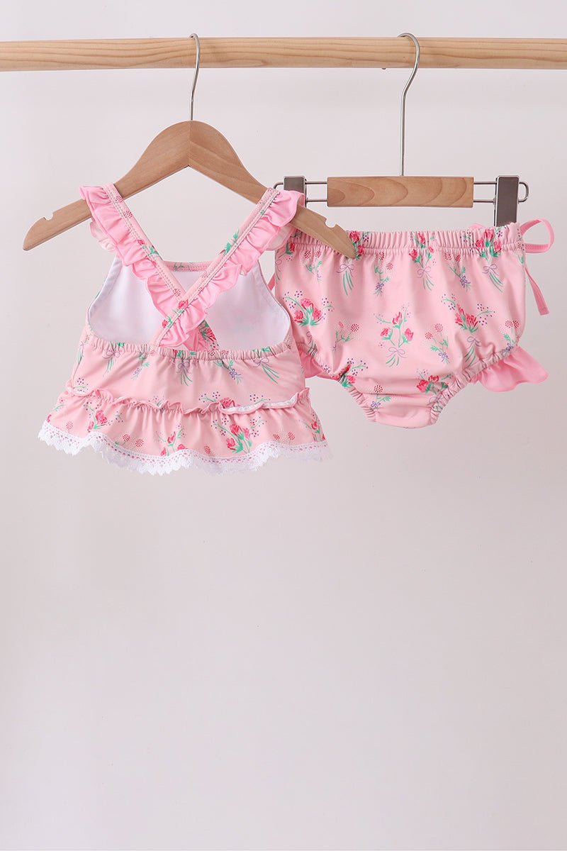 Pink Floral Ruffle 2pc Swimsuit - Abbies Place