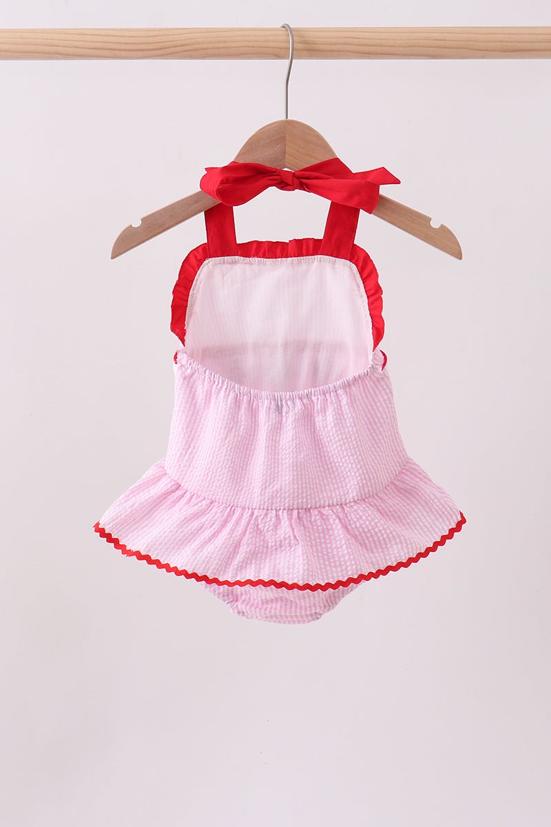Pink stripe seersucker strawberry smocked one-piece swimsuit - Abbies Place