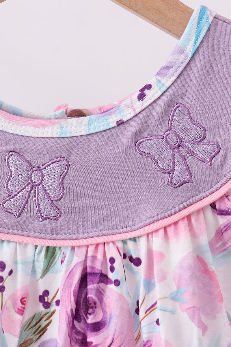 Purple Bow Embroidered Floral Scalloped Dress - Abbies Place