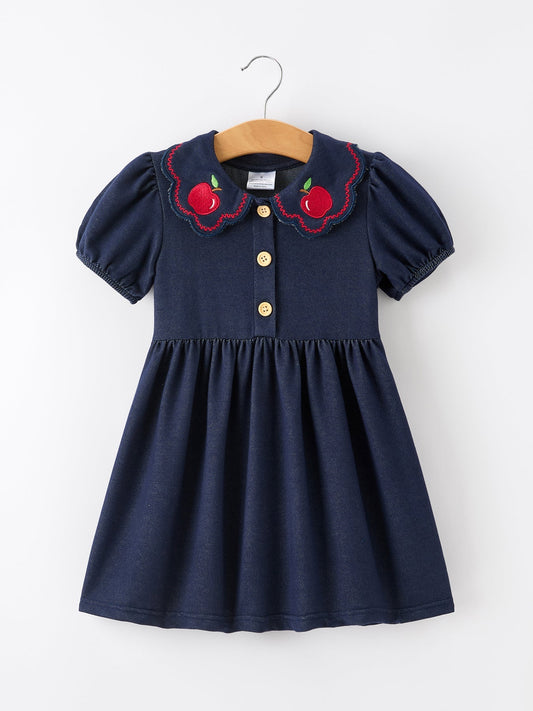 Back to School Apple Applique Girls Dress Petals Collar - Abbies Place