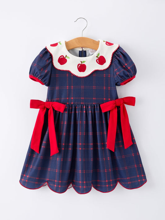 Back To School Apple Plaid Girls Dress Scallop Hem Bow - Abbies Place