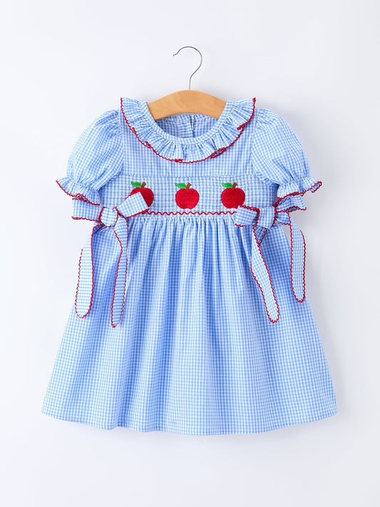 Back To School Apple Plaid Girls Dress Smocked Puff Sleeve Bow - Abbies Place