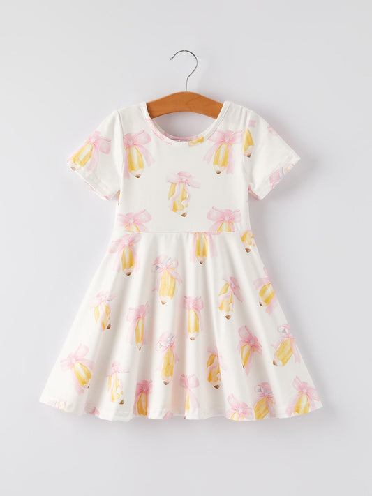 Back to School Bow Pencil Print Girls Dress - Abbies Place