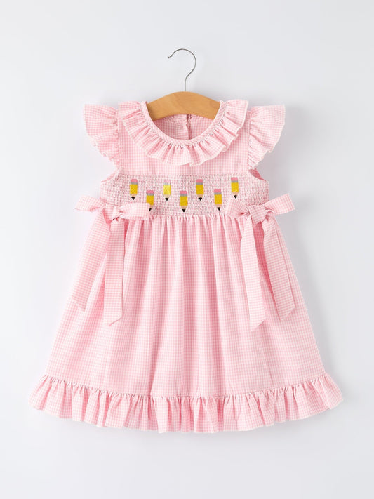 Back to School Pencil Plaid Girls Smocked Ruffle Collar Dress - Abbies Place