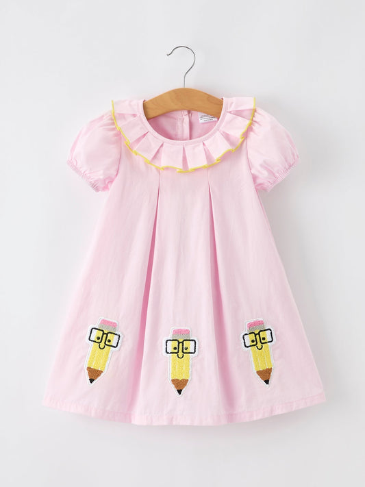 Back to School Pink Pencil Applique Ruffle Collar Girls Dress - Abbies Place