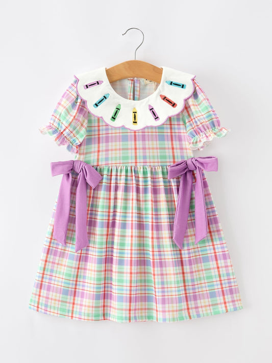 Back To School Plaid Crayon Embroidery Girls Dress Bow Puff Sleeve - Abbies Place