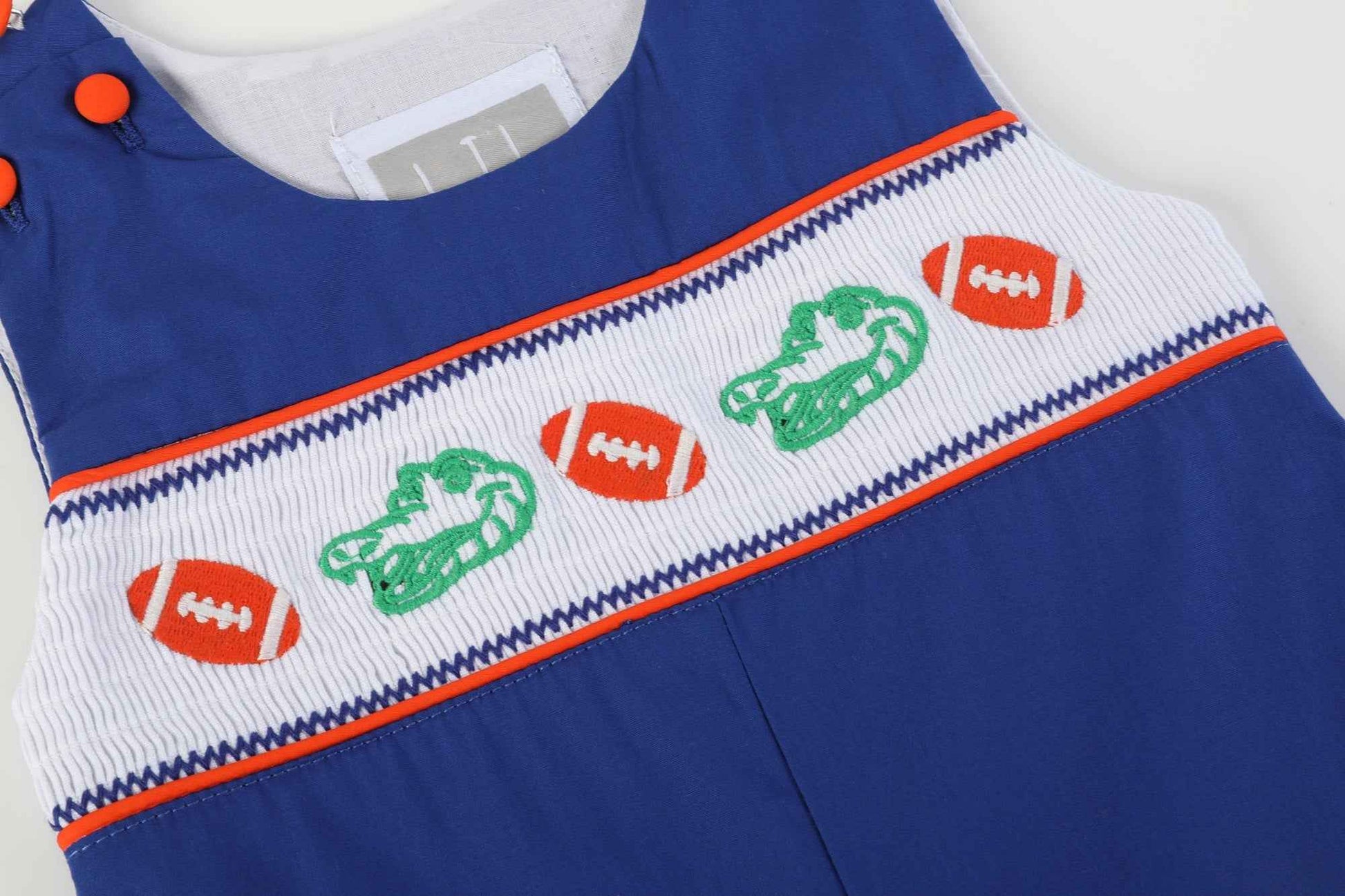 Blue and Orange Football Smocked Overalls - Abbies Place