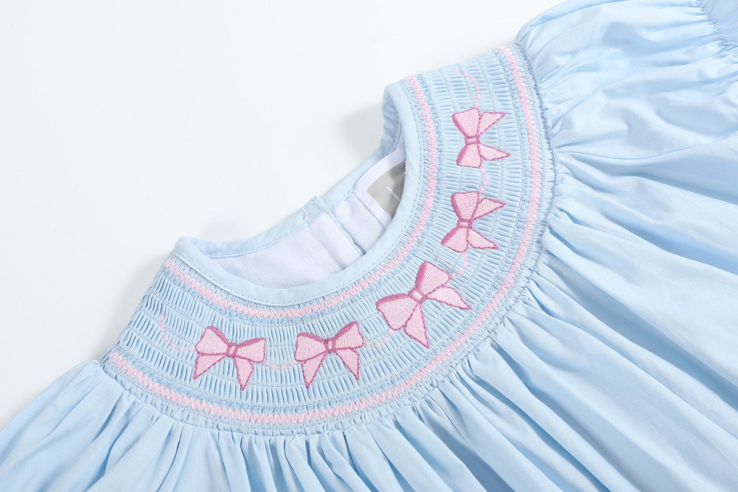 Blue and Pink Bow Smocked Bishop Dress - Abbies Place