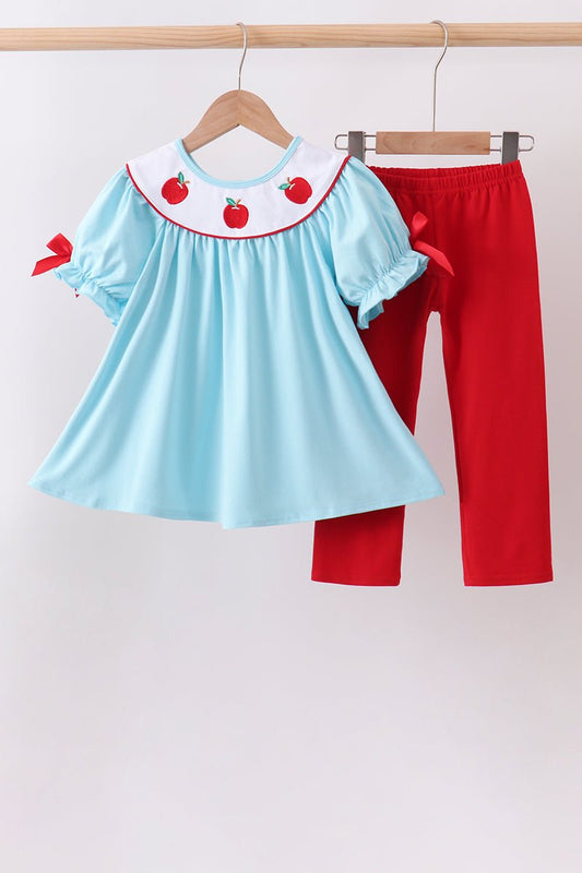 Blue Apple Embroidered Pants Set - Abbies Place
