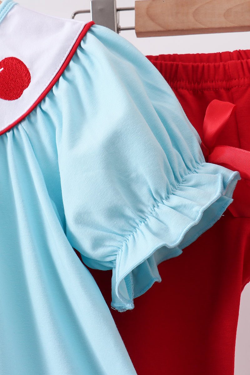 Blue Apple Embroidered Pants Set - Abbies Place