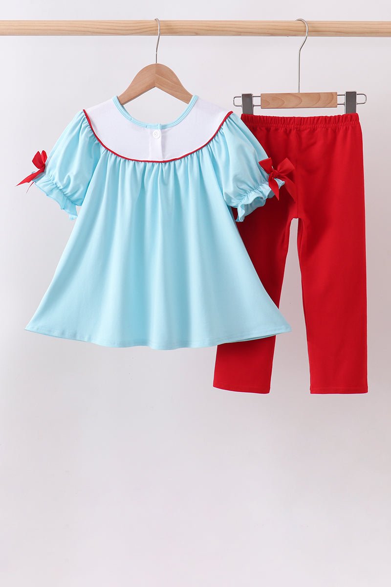 Blue Apple Embroidered Pants Set - Abbies Place
