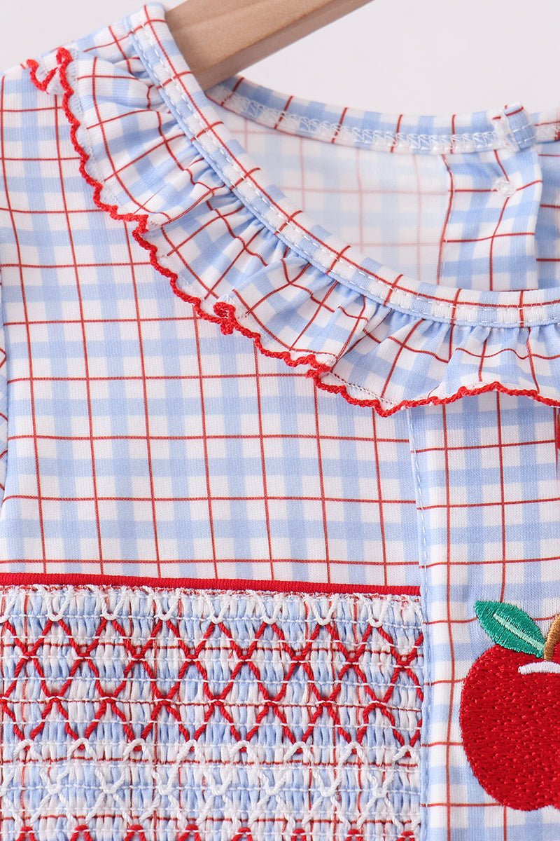 Blue Apple Embroidered Plaid Ruffle Shorts Set - Abbies Place