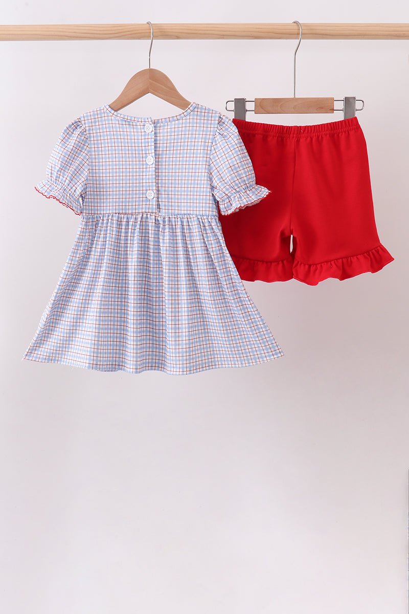 Blue Apple Embroidered Plaid Ruffle Shorts Set - Abbies Place