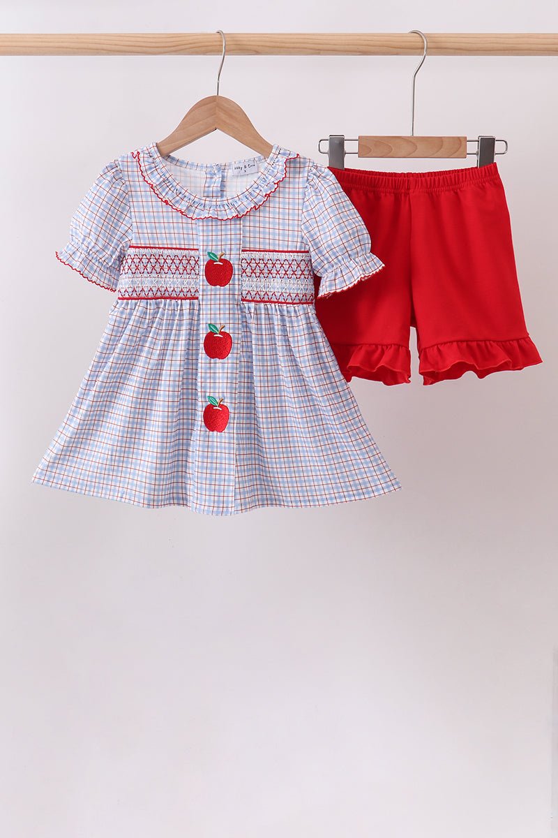 Blue Apple Embroidered Plaid Ruffle Shorts Set - Abbies Place