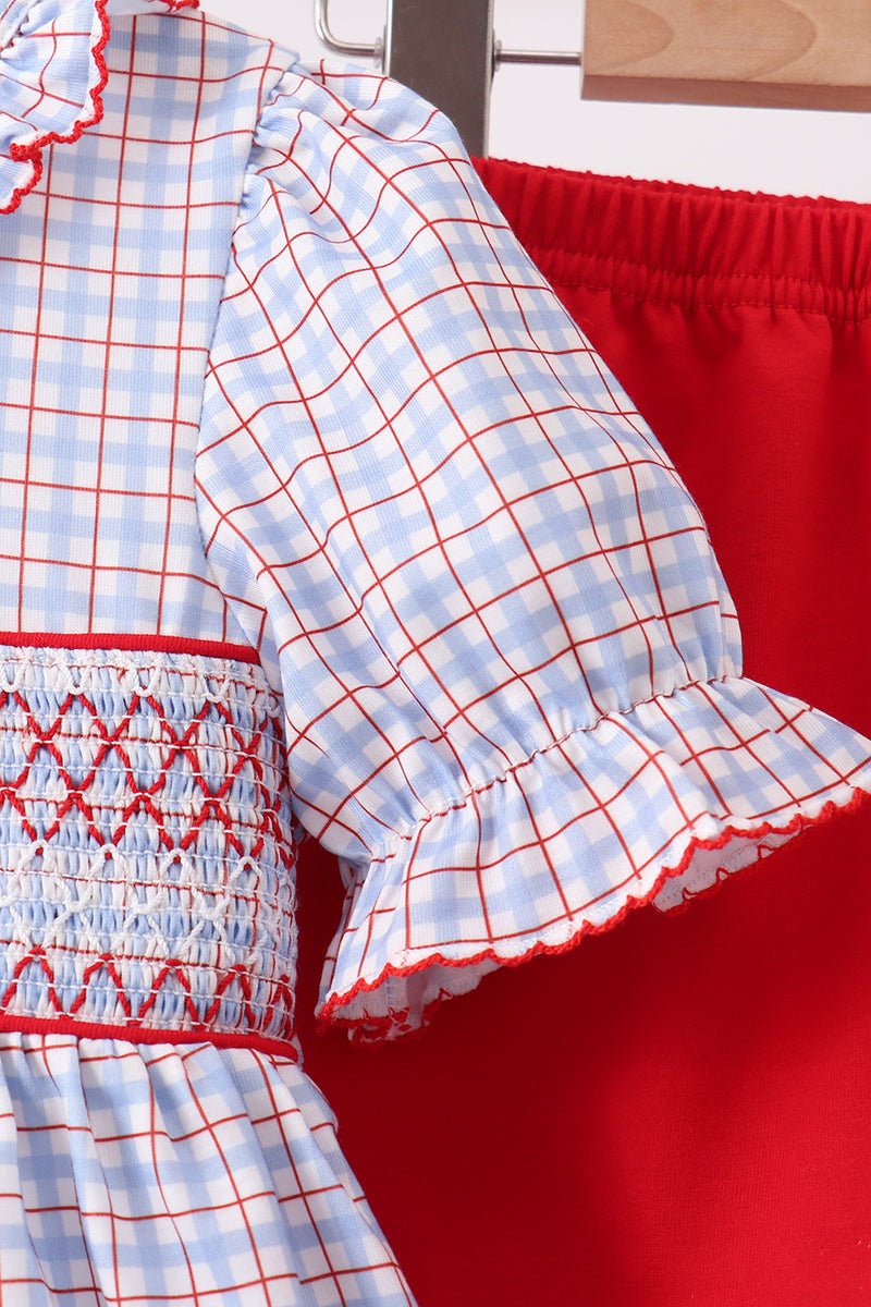 Blue Apple Embroidered Plaid Ruffle Shorts Set - Abbies Place