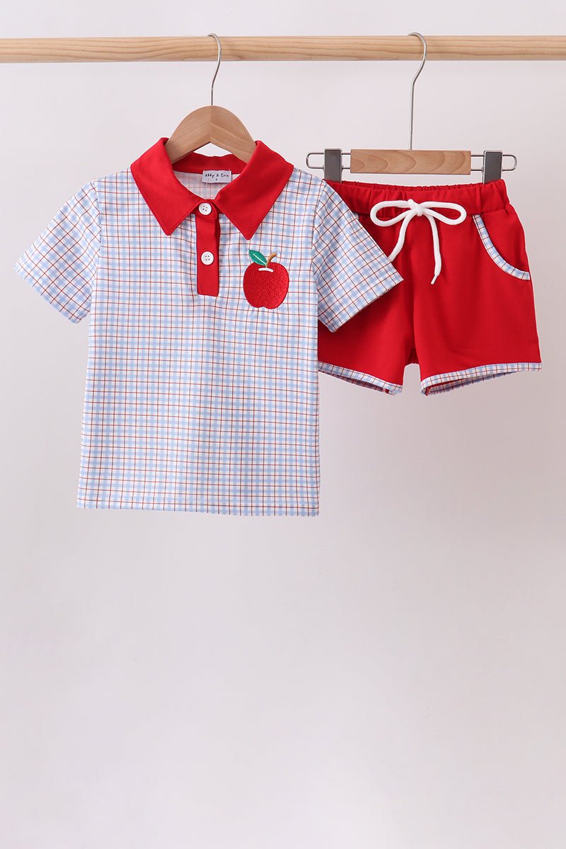 Blue Apple Embroidered Plaid Shorts Set - Abbies Place