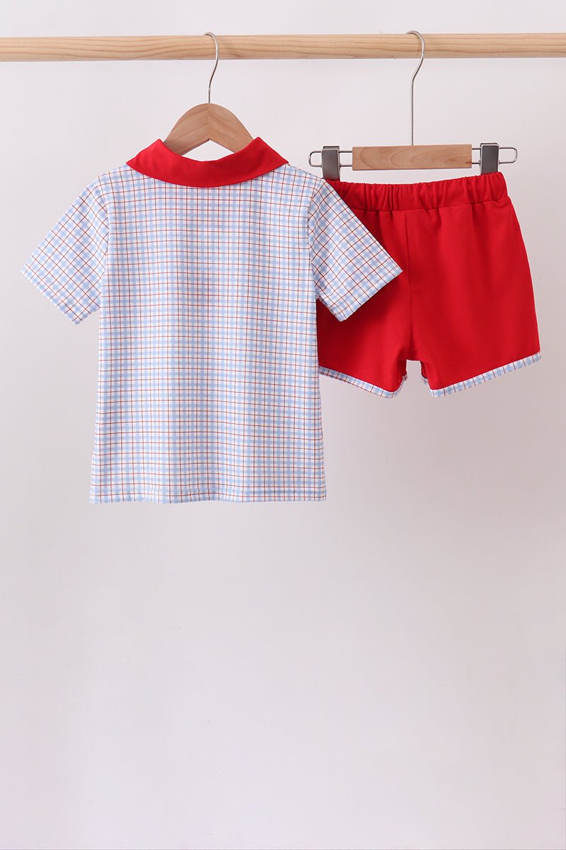 Blue Apple Embroidered Plaid Shorts Set - Abbies Place