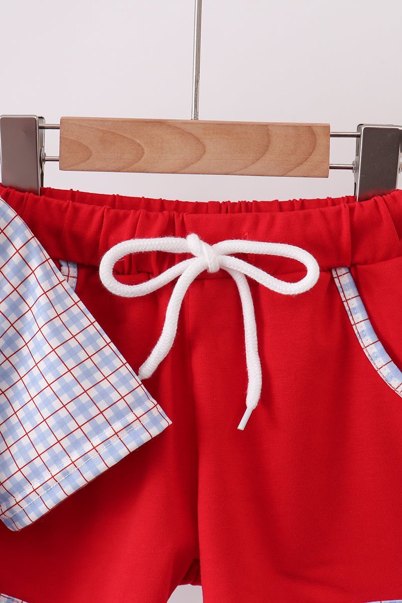 Blue Apple Embroidered Plaid Shorts Set - Abbies Place