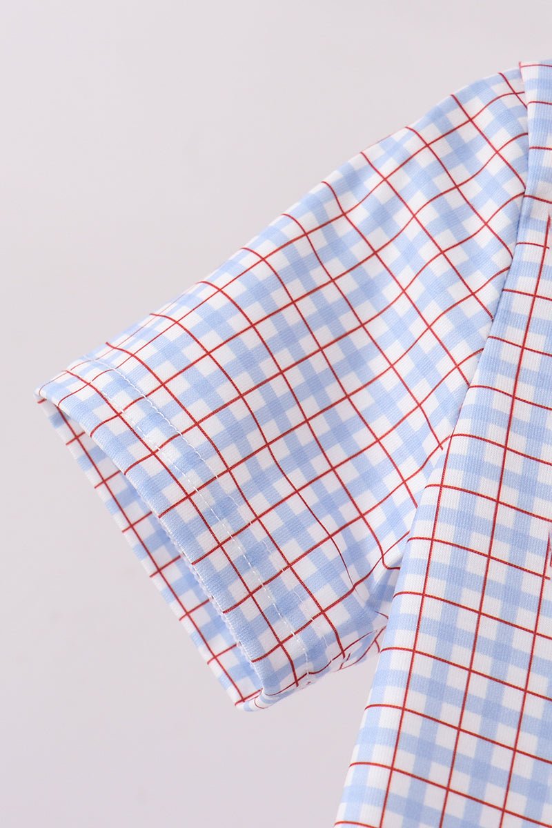 Blue Apple Embroidered Plaid Shorts Set - Abbies Place