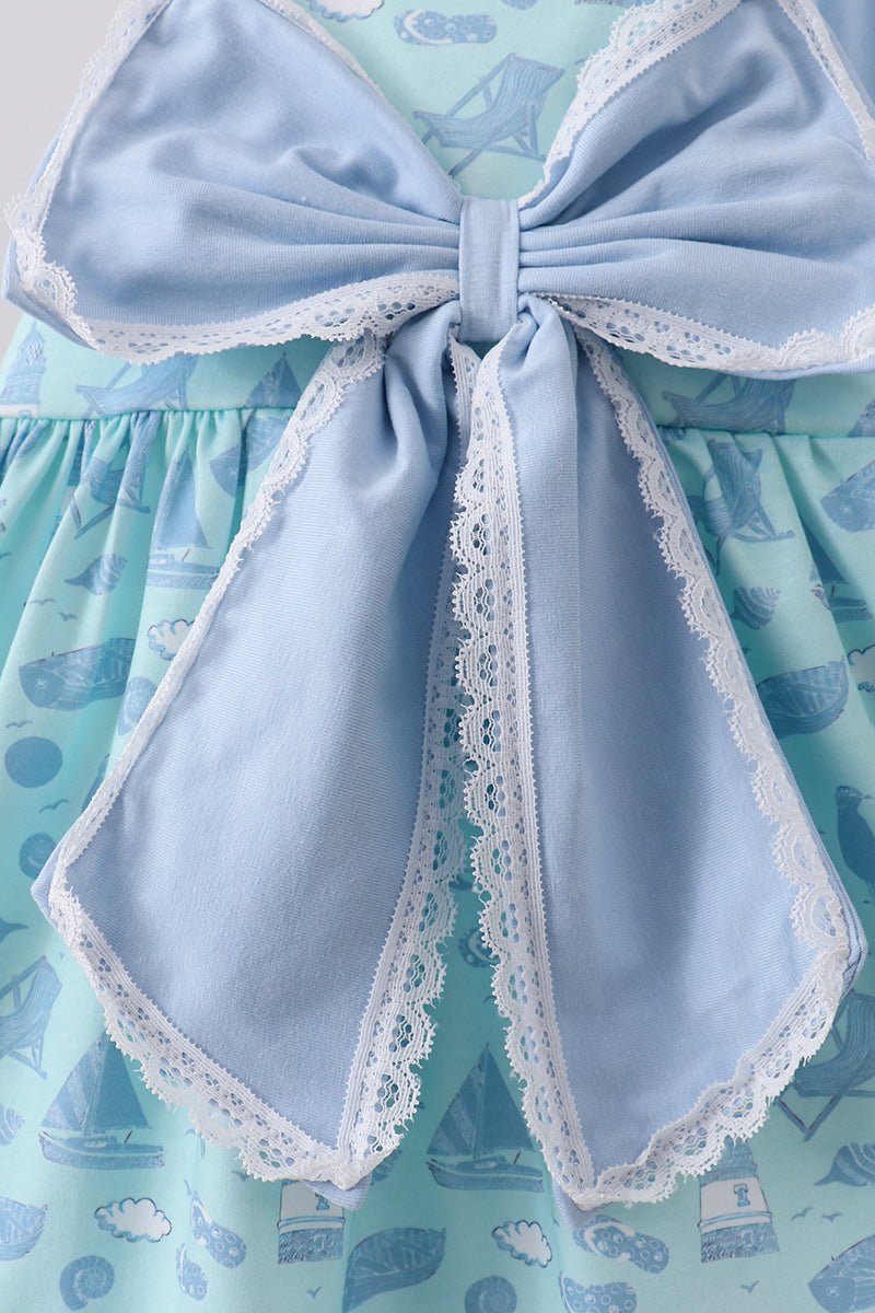 Blue beach print bow bloomer set - Abbies Place