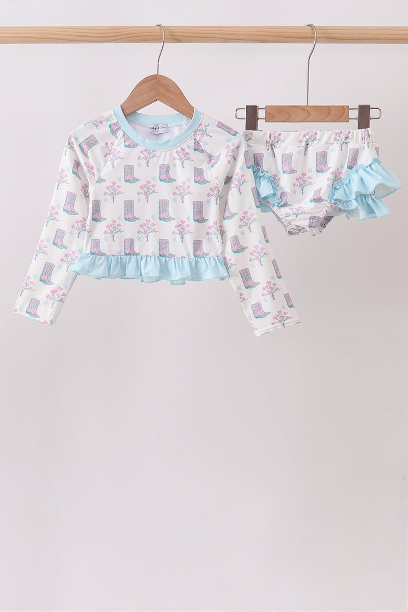 Blue Boots Ruffle Rashguard Set - Abbies Place