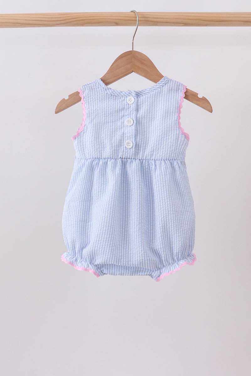 Blue Bow Embroidered Stripe Bubble - Abbies Place