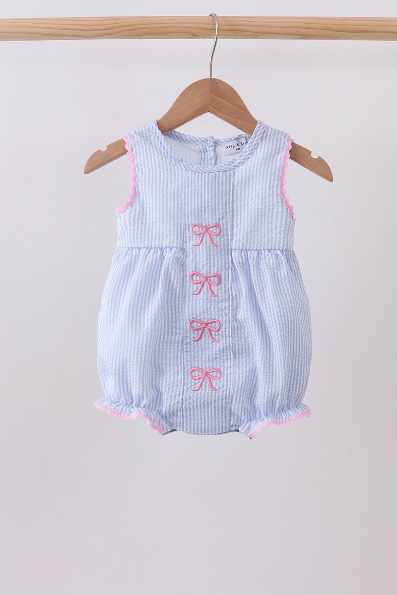 Blue Bow Embroidered Stripe Bubble - Abbies Place