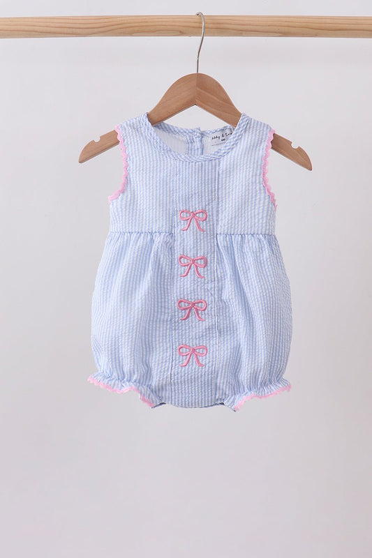 Blue Bow Embroidered Stripe Bubble - Abbies Place