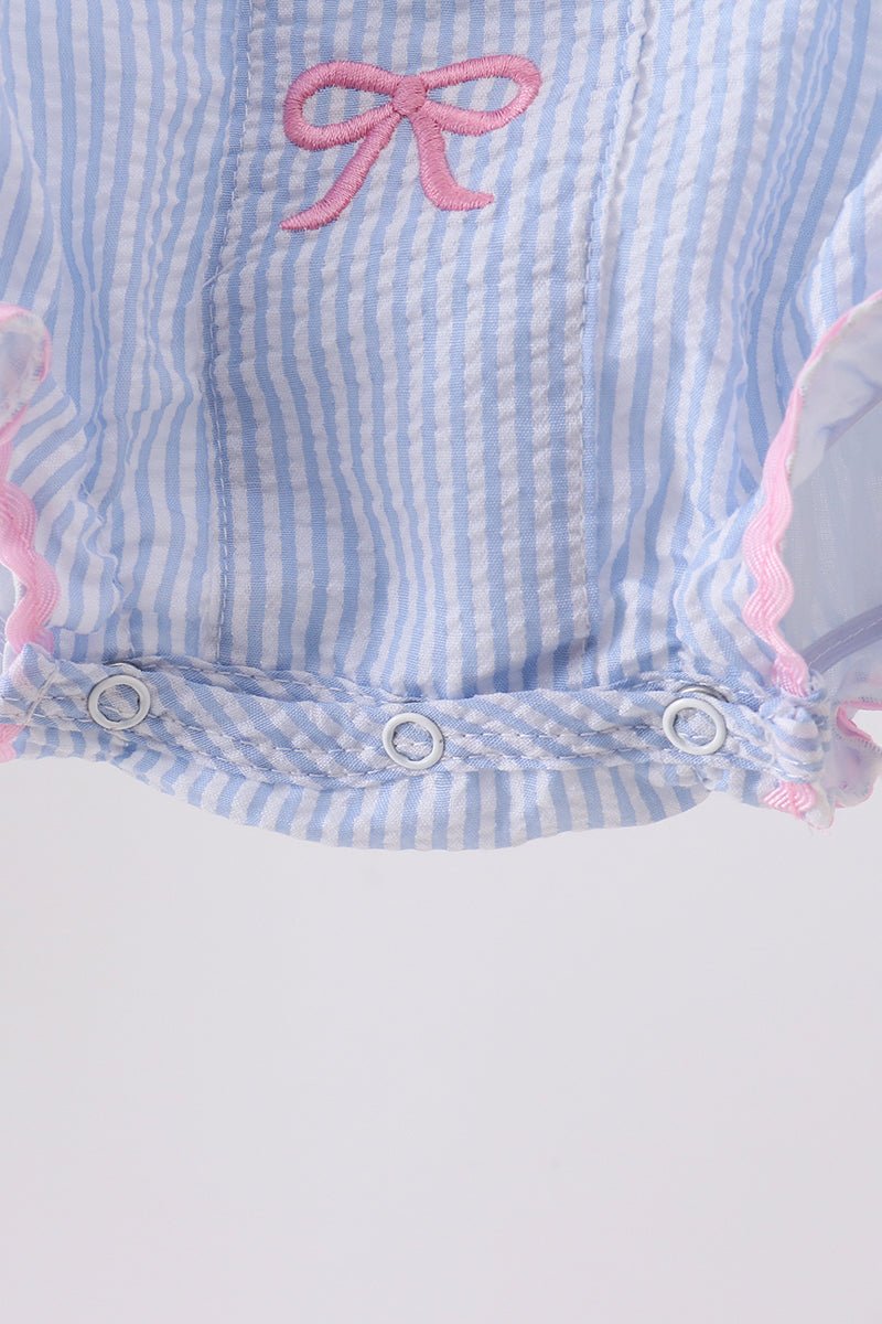 Blue Bow Embroidered Stripe Bubble - Abbies Place