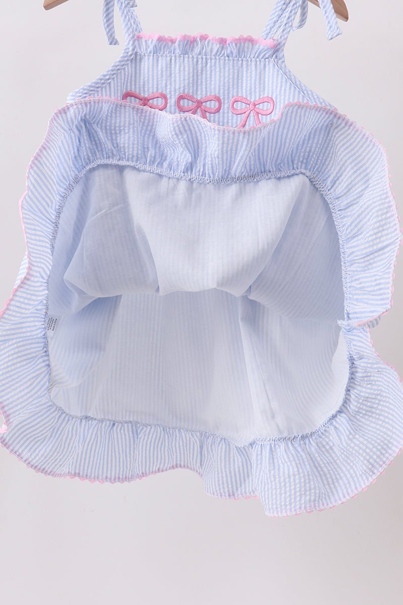 Blue Bow Embroidered Stripe Ruffle Dress - Abbies Place