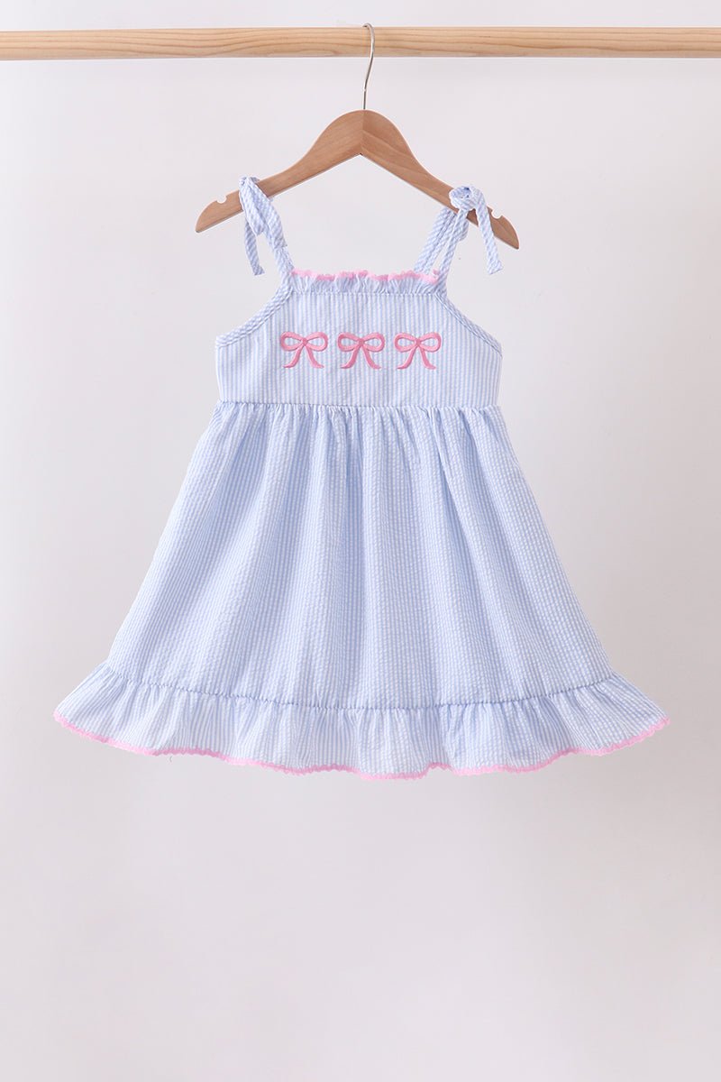 Blue Bow Embroidered Stripe Ruffle Dress - Abbies Place