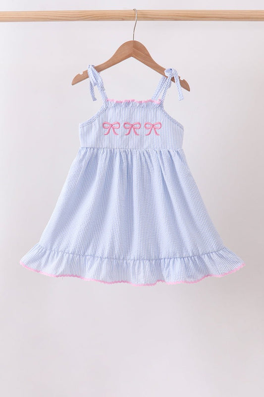 Blue Bow Embroidered Stripe Ruffle Dress - Abbies Place