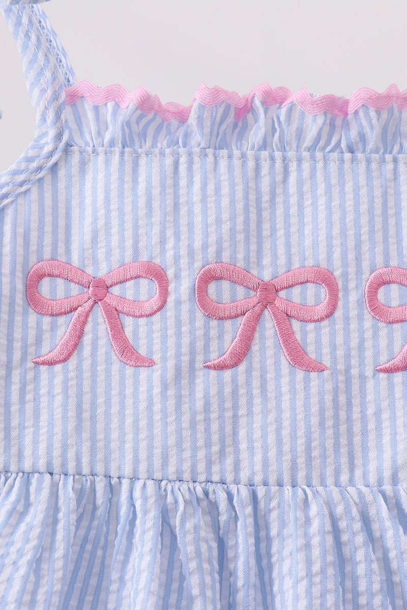 Blue Bow Embroidered Stripe Ruffle Dress - Abbies Place