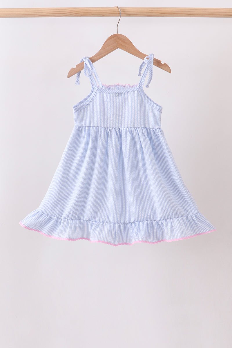 Blue Bow Embroidered Stripe Ruffle Dress - Abbies Place