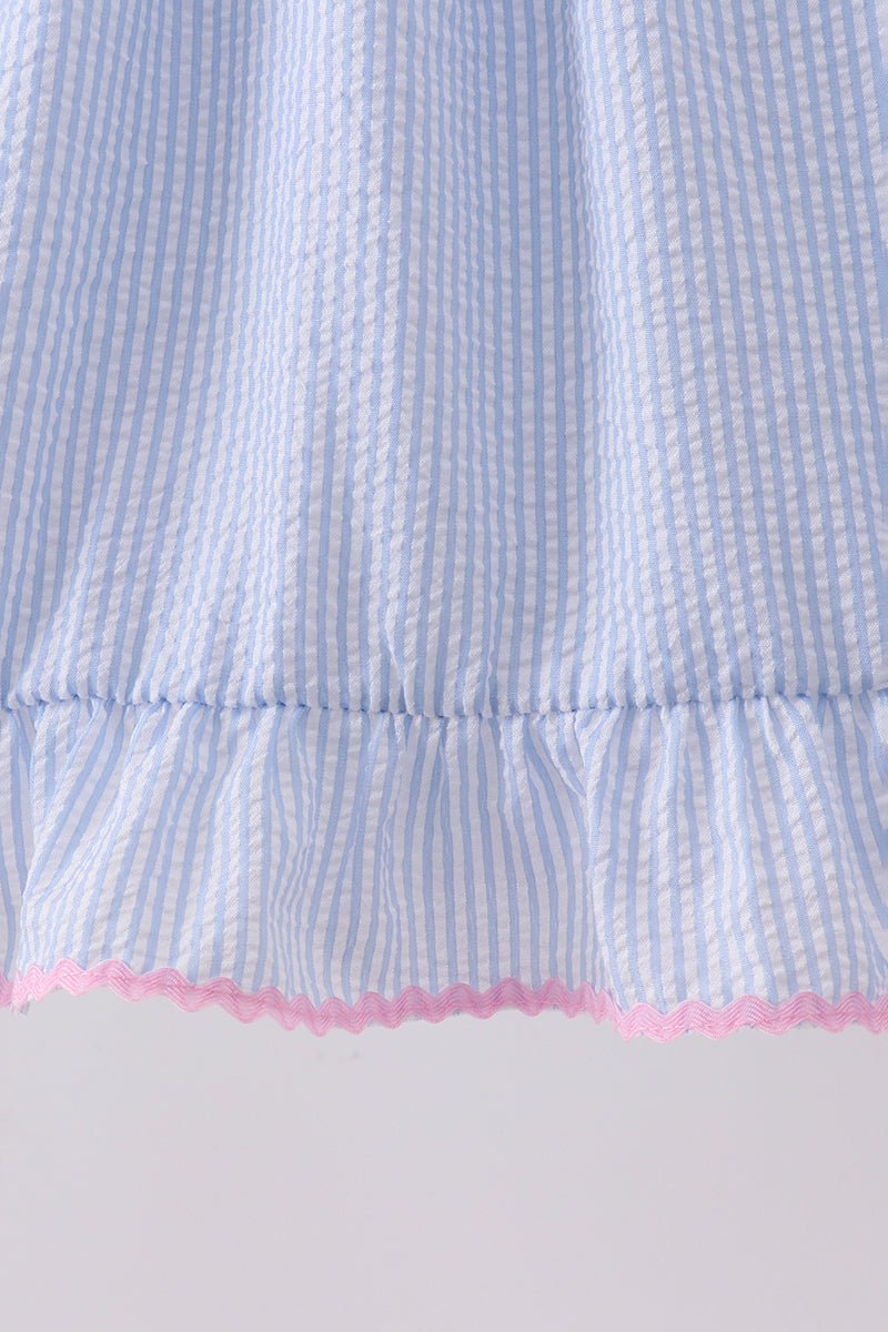 Blue Bow Embroidered Stripe Ruffle Dress - Abbies Place