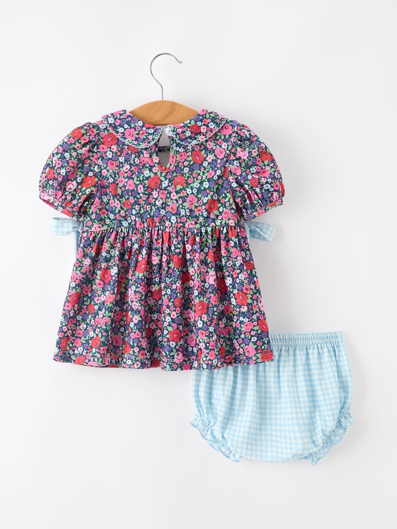Blue Bow Floral Smocked Girl Bloomer Set - Abbies Place