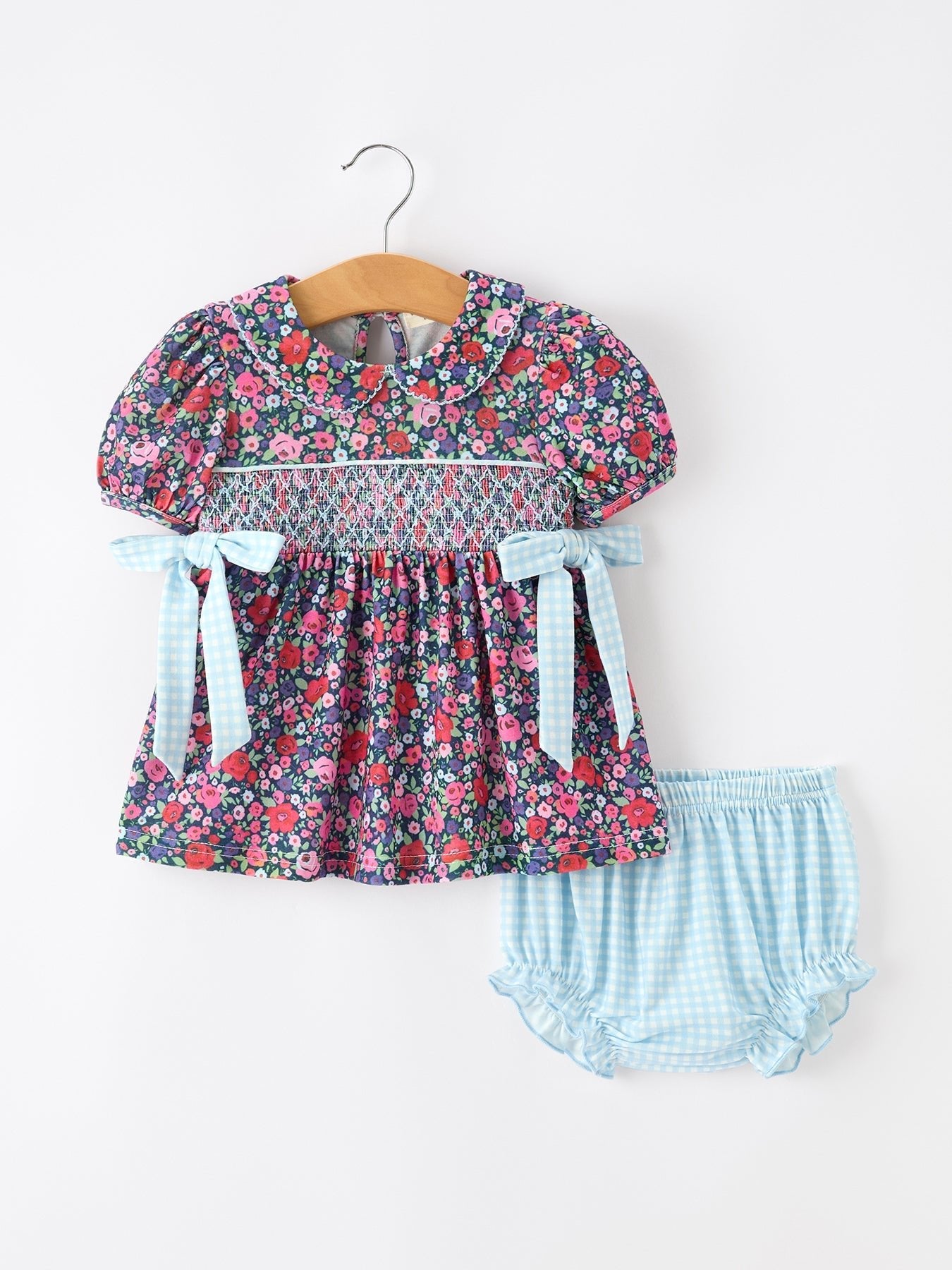 Blue Bow Floral Smocked Girl Bloomer Set - Abbies Place