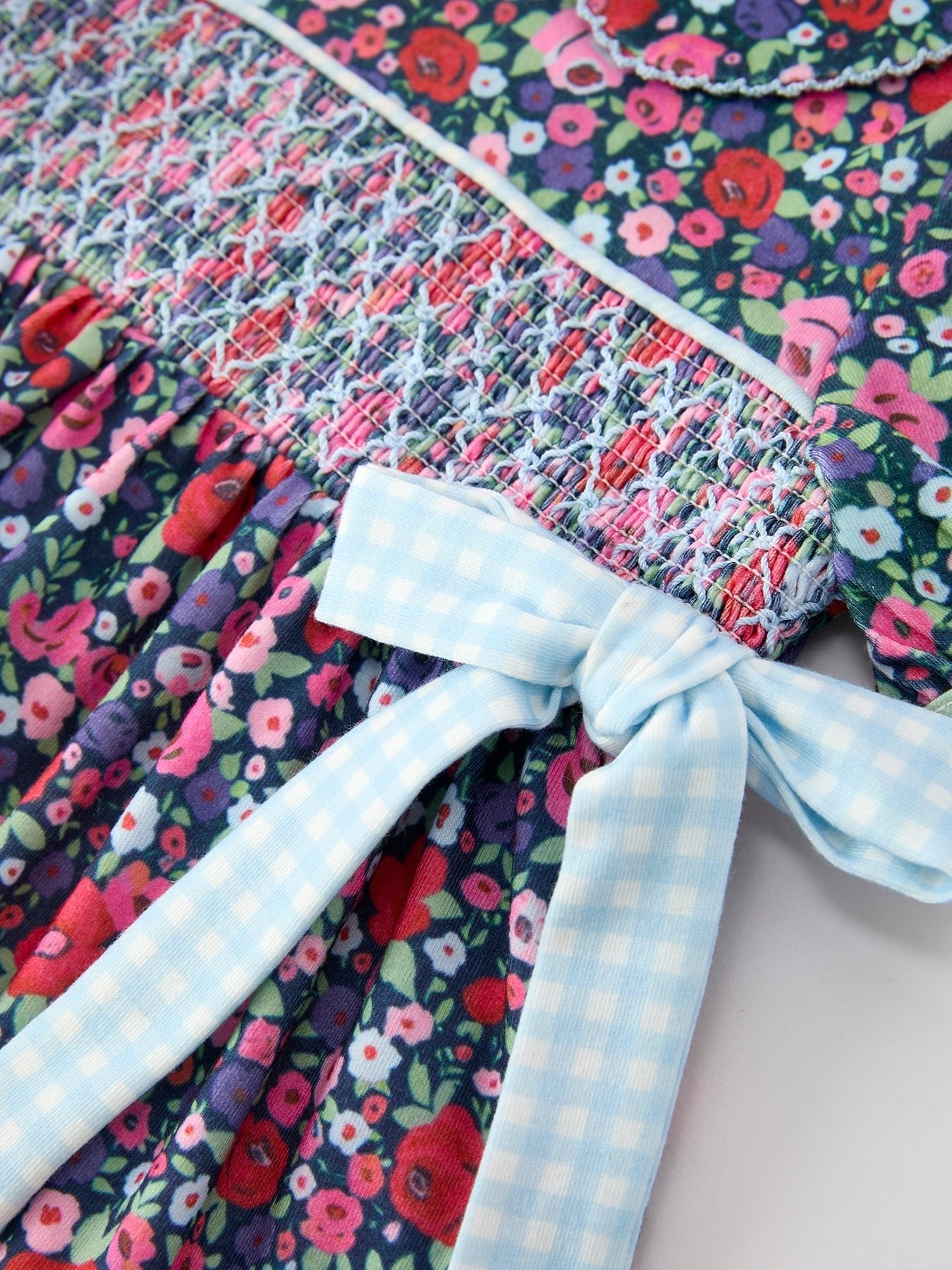Blue Bow Floral Smocked Girl Bloomer Set - Abbies Place