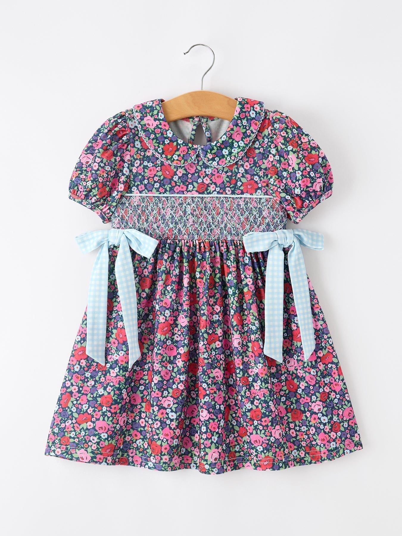 Blue Bow Smocked Floral Girl Dress - Abbies Place