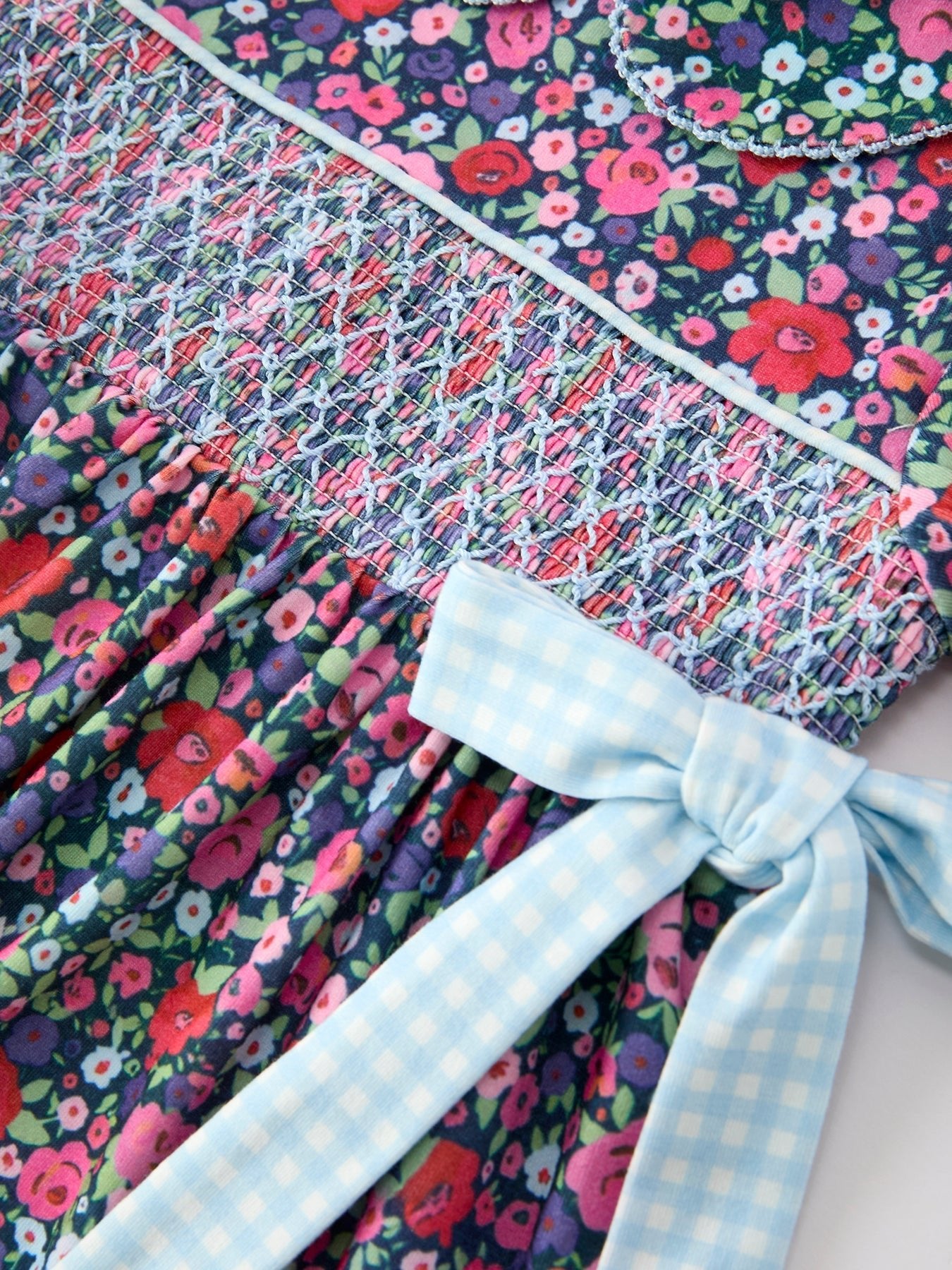 Blue Bow Smocked Floral Girl Dress - Abbies Place