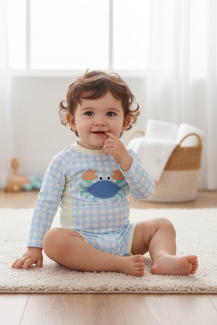 Blue crab applique plaid one-piece swimsuit - Abbies Place