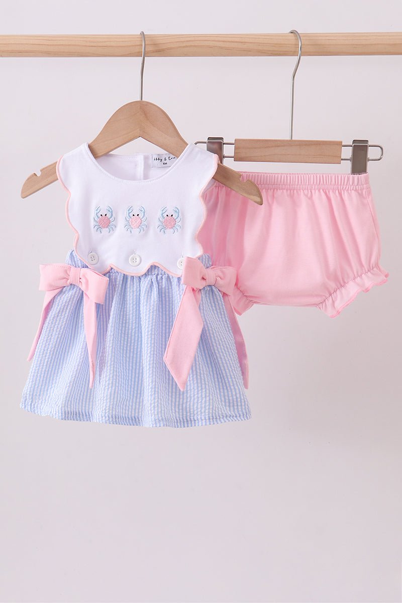 Blue Crab Embroidered Seersucker Bloomer Set - Abbies Place