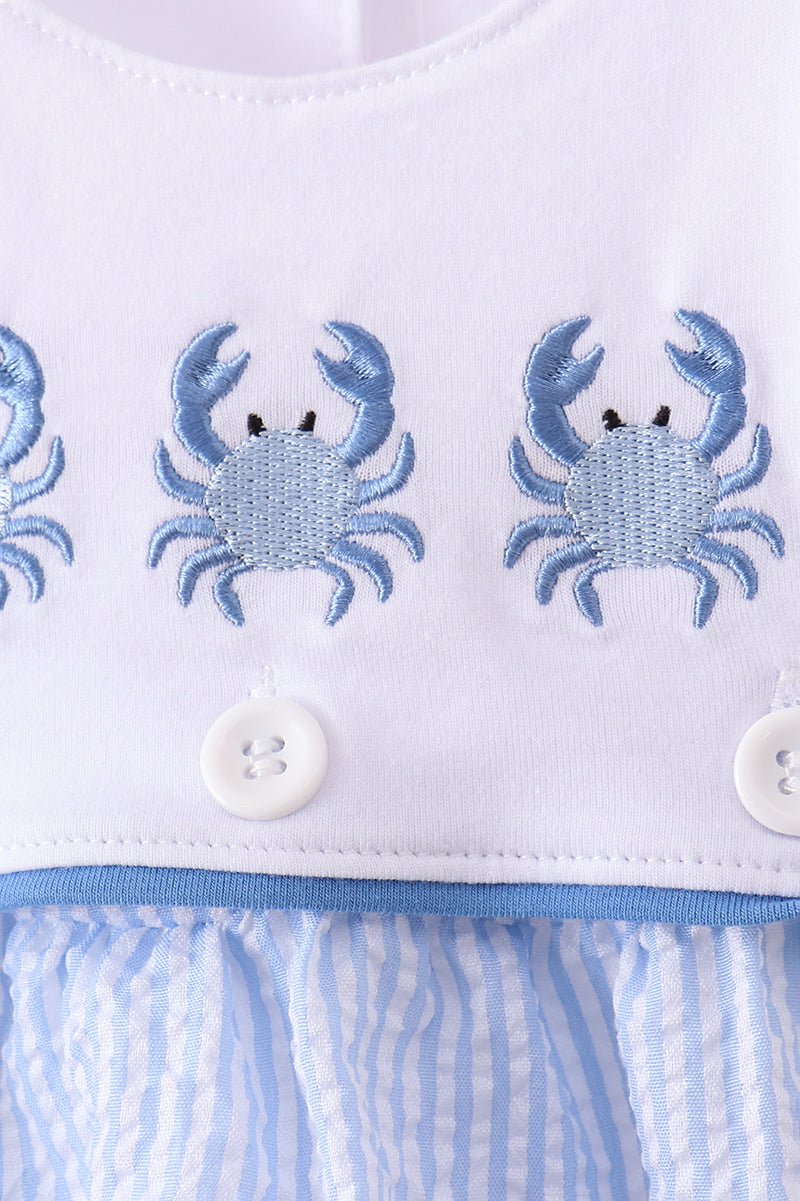 Blue Crab Embroidered Seersucker Bubble - Abbies Place