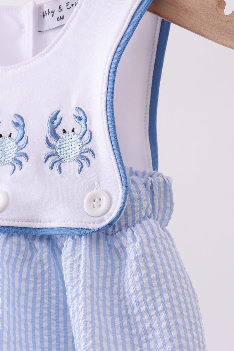 Blue Crab Embroidered Seersucker Bubble - Abbies Place